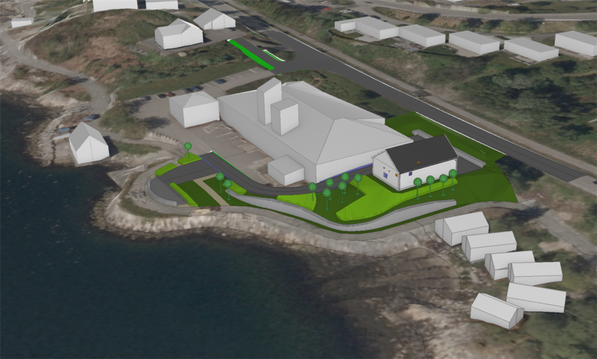 illustrasjon av område med hus og naust - Klikk for stort bilete