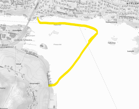 kart med innteikna trase for sjøleidning - Klikk for stort bilete