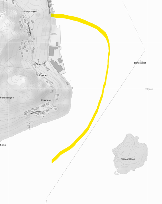 kart med innteikna trase for sjøleidning - Klikk for stort bilete